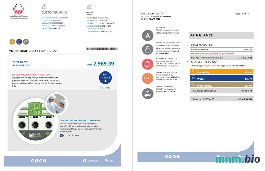 UAE Fujairah Al Ain Distribution Co. Szablon rachunku za media Word i PDF (5 stron) 1 2